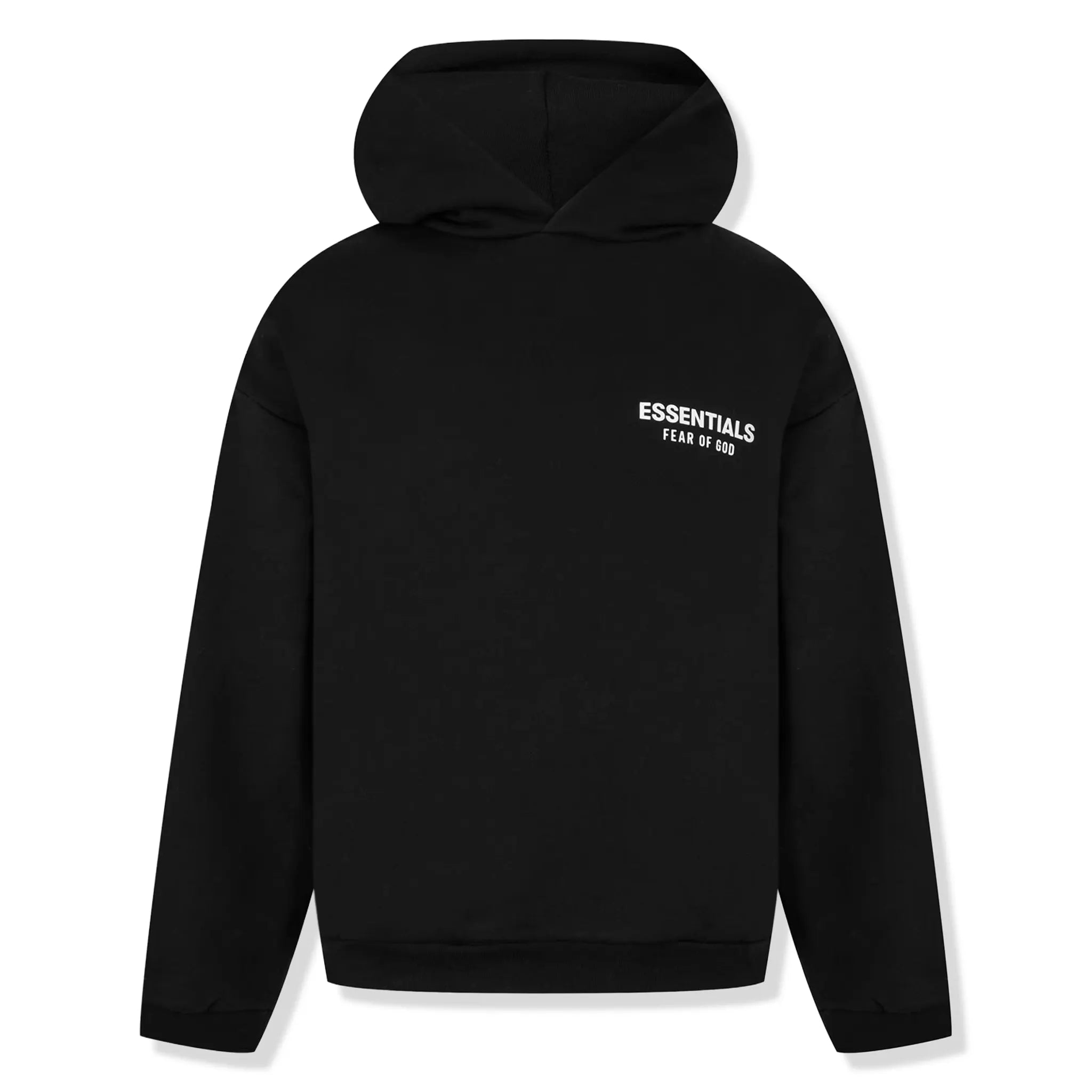 Front View of Fear Of God Essentials Fleece Black Hoodie (FW24) 192BT246250F